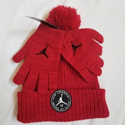 Jordan Jumpman Youth Kids Unisex Pom BEANIE GLOVES Hat 2 PC GYM RED 