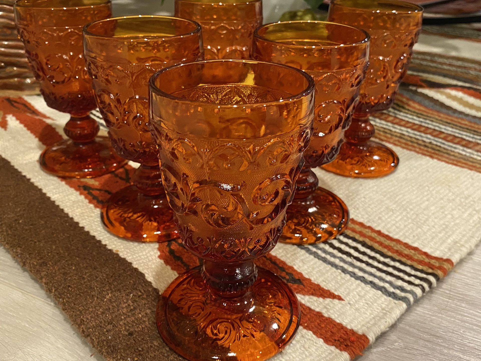 Set of 6 Vintage Amber Footed Goblets