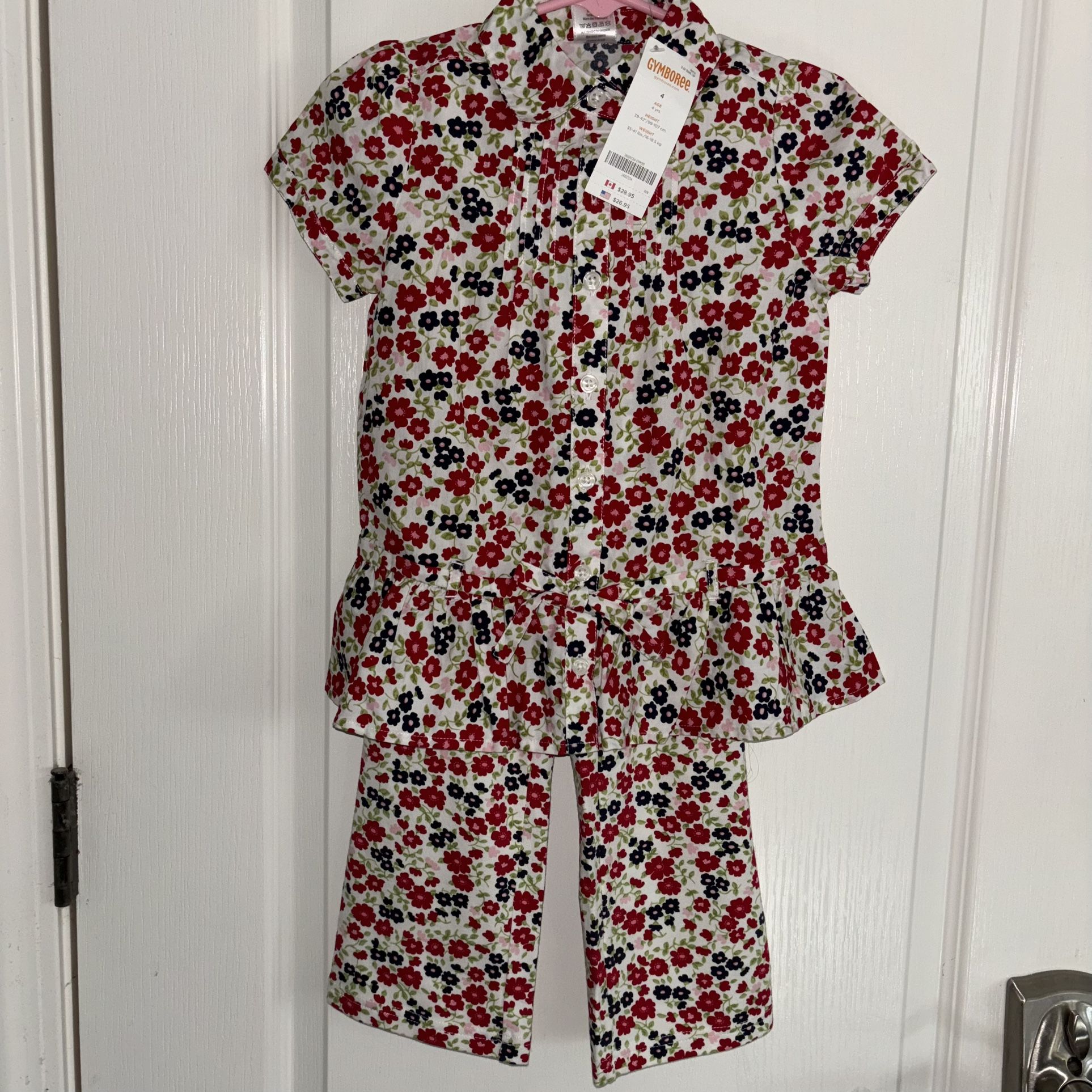 NWT Gymboree Girls 4 Cherry Cute Outfit Floral Pintucked Shirt Pants Red White