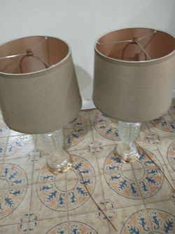 Pair of Glass Base Table Lamps with Tan Shades