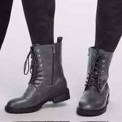 TORRID Black Dark Grey Faux Leather Metal Heel Mid Calf Lace Up Combat Boots
