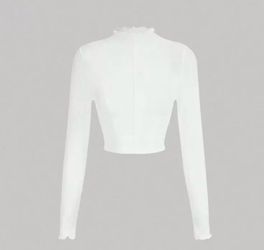 SHEIN MOD White Autumn Chic Elegant Everyday Mock Neck Lettuce Trim Crop Perspective Top