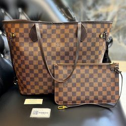 Louis Vuitton Neverfull MM Damier Ebene Cherry Tote Bag & Pouch