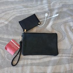 Women’s Wrist Zippered Clutch Bag With Charger For 3 Electronics Black & Pockets