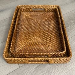 Set of 2 Vintage Woven Rattan Serving Trays