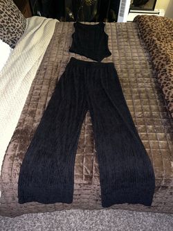Black Pleated Two-Piece Crop Top and Wide-Leg Pants Set