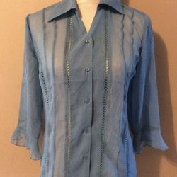 NWT Dress Barn Womens S Teal Blue Sheer Button Up Blouse Shirt Bell Sleeves $35