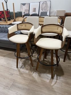 Set of 2 Rattan Swivel Bar Stools - 29.5 inch Mid Century Bar Stools with Cane Back, Walnut Crafts, Curved Arms, Upholstered Seat, (Beige)