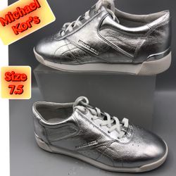 Michael Kors Addie Metallic Silver Leather Low-Top Fashion Sneakers Size 9.5