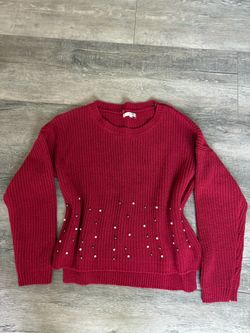 Red Knit Sweater with Pearl Embellishments