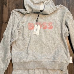 Boss Gray Hoodie and pant set with Coral pink Logo for kids