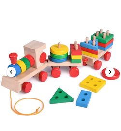 Funlittletoys Wooden Train Set - 25pcs Geostack Kids Toy