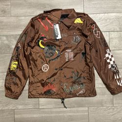Reason Brown Graphic Print Windbreaker Jacket Men's M Snap Softshell Mesh Lining