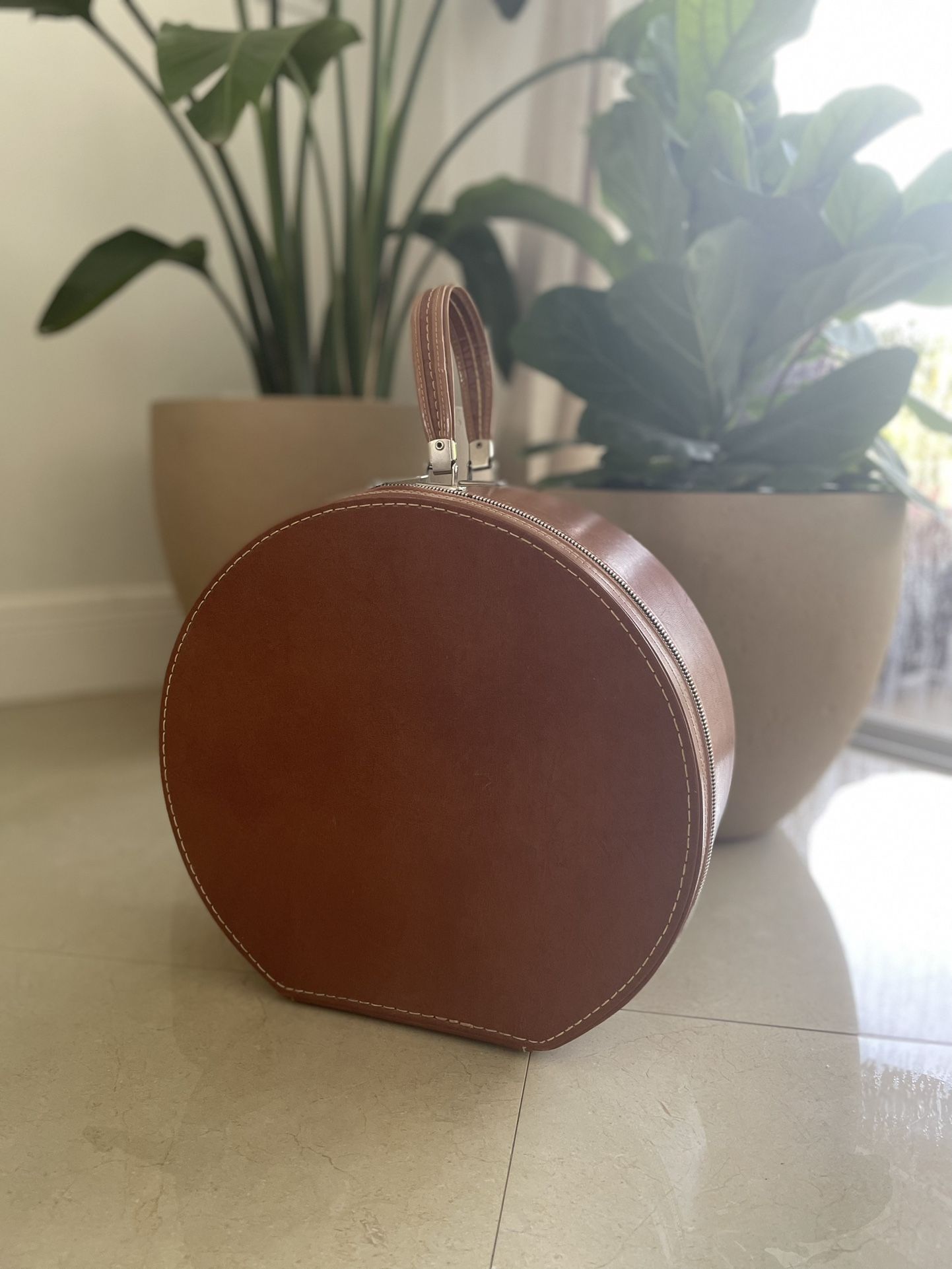 Vintage Travins Brown Leather Hat Box Carrier