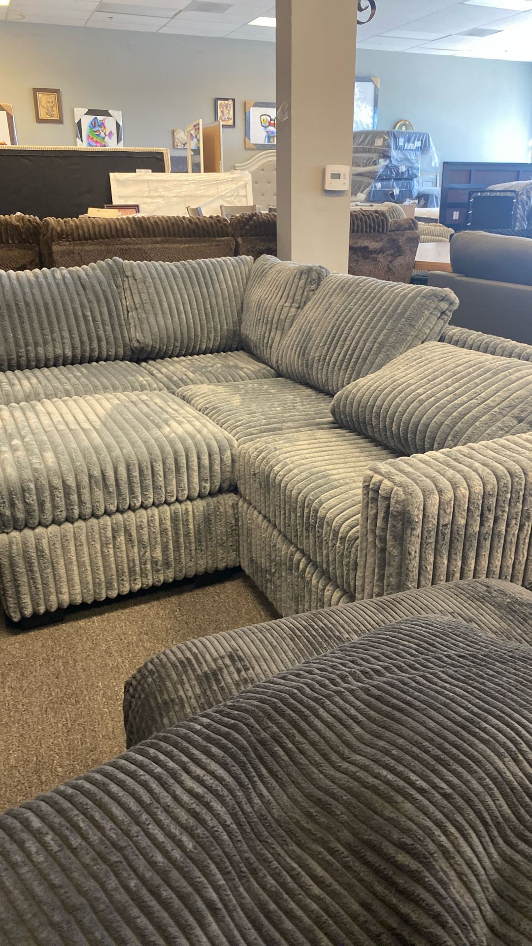 New Grey Plush Cord Sectional Come Test And Try Floor Model Sale Ready For Delivery