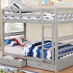 Brand New Grey Twin Size Bunk Bed w Trundle Drawers