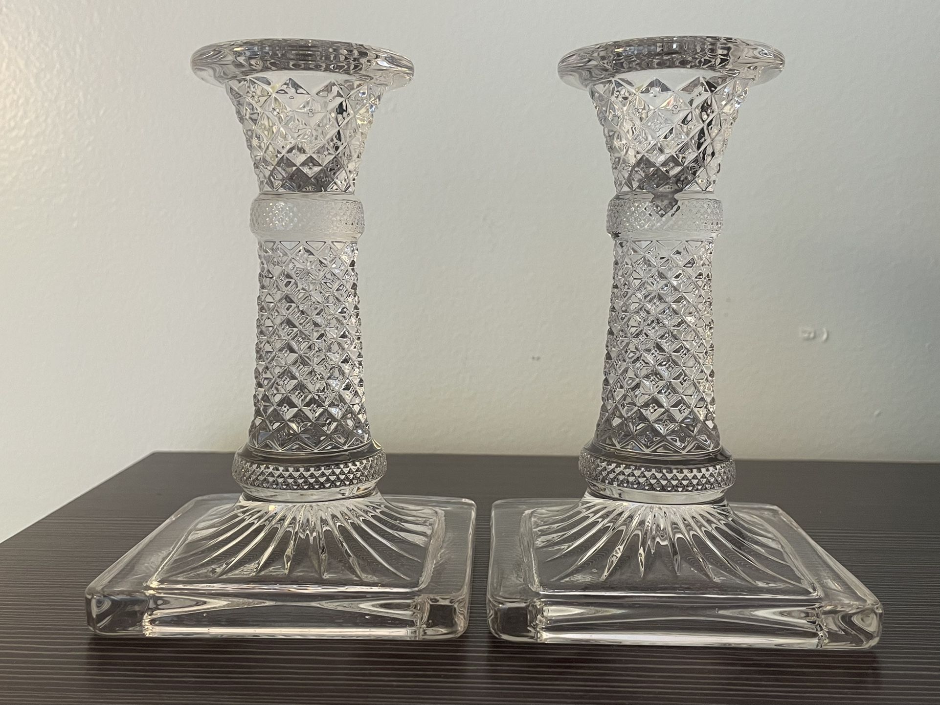 A-PAIR-OF, ‘HARD-to-FIND’, VINTAGE & “ELOQUENT” FACETED CLEAR GLASS CANDLE HOLDERS with a STARBURST BASE…