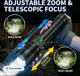 Super Bright Zoomable Flashlight, 10-Mode High Brightness Light with Red/Blue Warning Light