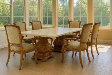 Kreiss Fleur De Lis Dining Table – Sculptural Stone-Top Elegance with Luxury Carved Base + Chairs