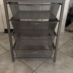 Four drawer metal and wood movable storage, 28” x 21” x 19”