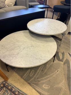 B&B Italia Mera marble coffee table set featuring two round tops with white marble and thin metal legs - Retail: $2200