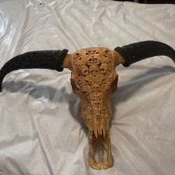 Hand-Carved Skull Bull Head Wall Art – Gothic Western Decor – 18” Wide 