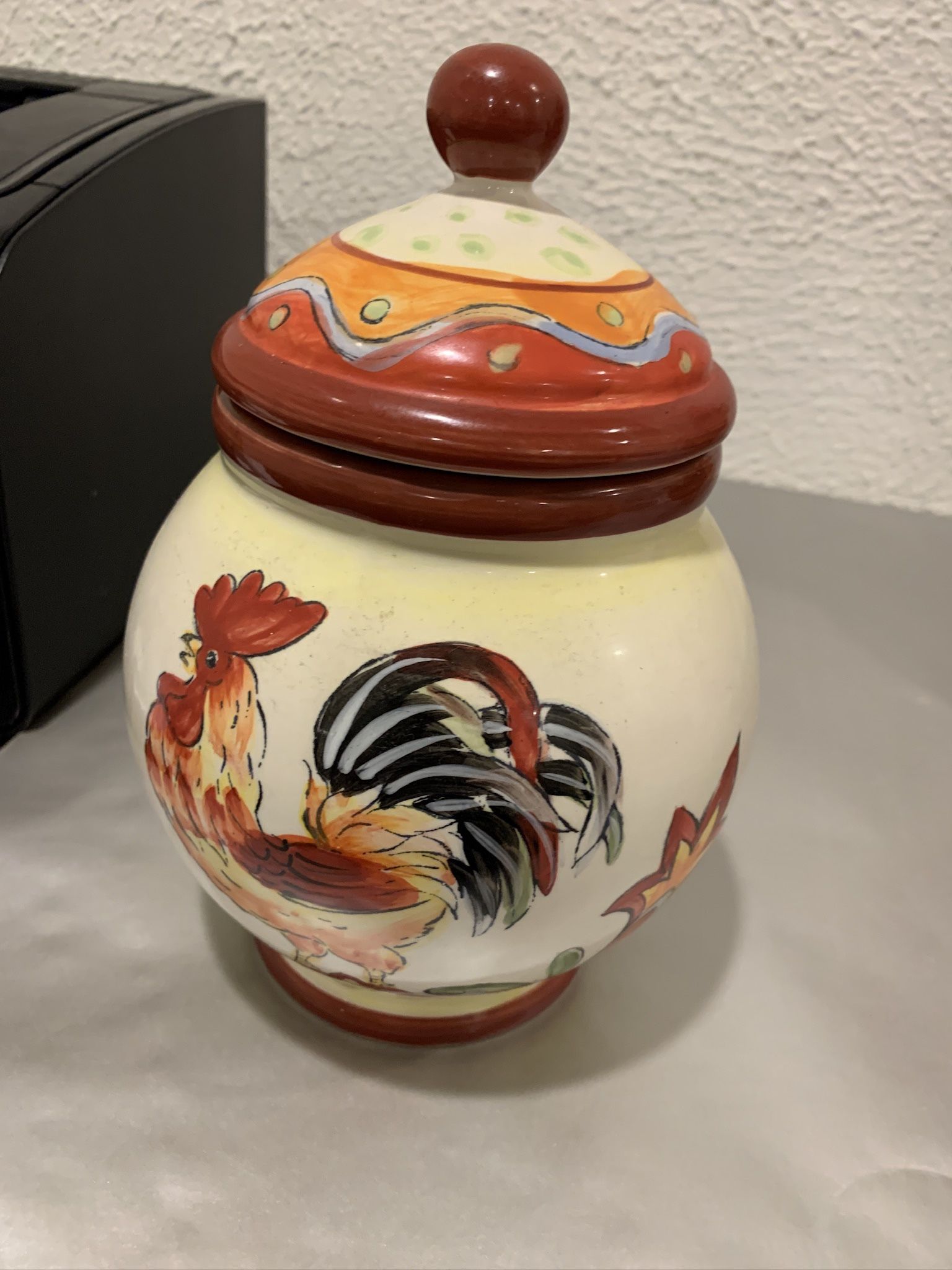 Orange Rooster Ceramic Canister Cookie Jar 9” Tall , If you see it here , it is available Like new , no chip , no cracks