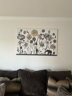 Large Whimsical Botanical Canvas Art – Flowers & Silhouette Figures