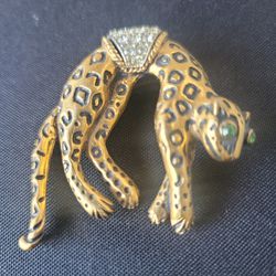Vintage Florenza Leopard Cat Green Eyes Rhinestone With Swinging Tail Brooch