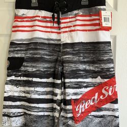 Red Stripe Board Shorts Mens Small Elastic Waist Mesh Lined Swim Trunks 