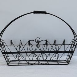 Vintage Black Wrought Iron Scrollwork Garden Basket Decorative Metalwork Decor 14”H x 22-1/4”W x  7-1/4”D