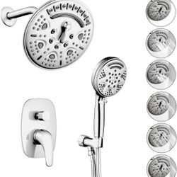 Shower System with Handheld Polished Chrome 8 Inch, Shower Faucets Set Complete with 6-Mode Rain Shower Head & 3-Mode Handheld Spray, Shower Set for B