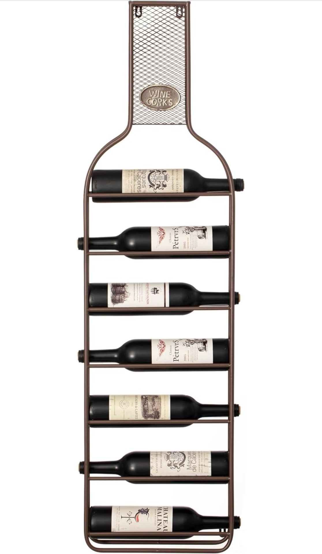 Vintiquewise Decorative Wall-Mounted 7-Bottle Metal Wine Rack with Mesh Cork Catcher, Stylish Champagne, White, and Red Wine Storage for Living Room, 