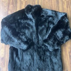 Vintage Black Dyed Rabbit Fur Coat Jacket Plush Genuine Fur Oversized S w/pockets.