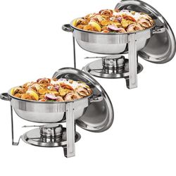 Pack of 2 Round Chafing Dish Buffet Set, 5 Quart Stainless Steel Deep Pans Chafer Dish with Water Pan, Fuel Holder, Buffet Servers and Warmers for Par