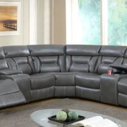 Brand New Grey Leather Reclining Sectional Sofa