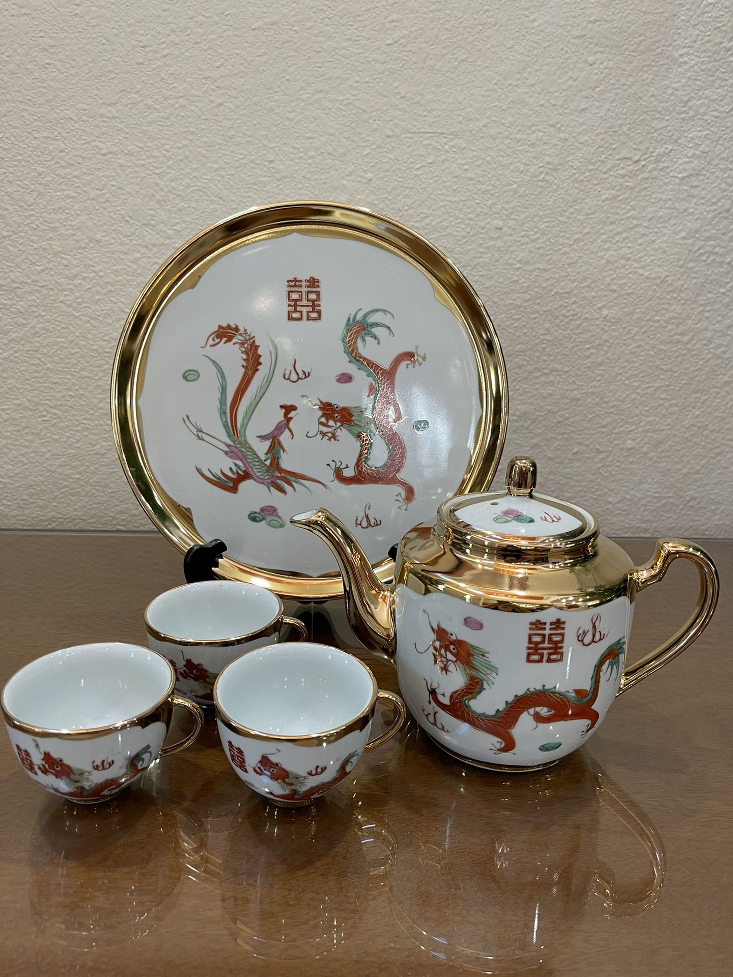 Vintage 22K Gold Dragon & Phoenix Porcelain Tea set