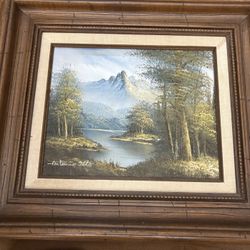 Awesome Tranquil Oil Painting With A Mountain, Trees & Body Of  Water Original
