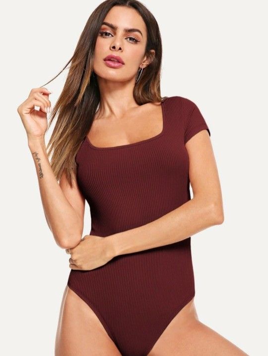 Shein Square Neck Rib-Knit Tee Bodysuit