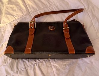 Vintage Dooney & Bourke Large Black & British Tan Leather Satchel 16”