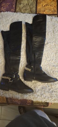 Aldo Over-the-Knee Boots – Size 7, Black with Gold Chain Detail