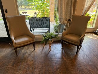 Pair of Legacy Classic Accent Chairs | Tan Upholstery & Nailhead Trim
