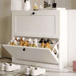 Half Pre Assembled White Shoes Cabinet with 2 Flip Drawers for Narrow Entryway,Shoe Storage Cabinet Shoe Rack Organizer for Bedroom Living Room