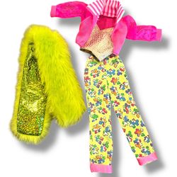 Barbie Doll Outfit Autism Puzzle Pant Top Jacket Neon Green Faux Fur Scarf Lot