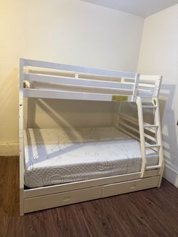 White Wood Bunk Bed with Storage Drawers - Full & Twin