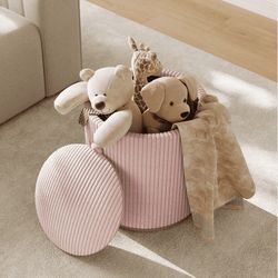 Pink Round Storage Ottoman Foot Rest - Corduroy Upholstered Footrest/Makeup Stool for Living Room & Bedroom