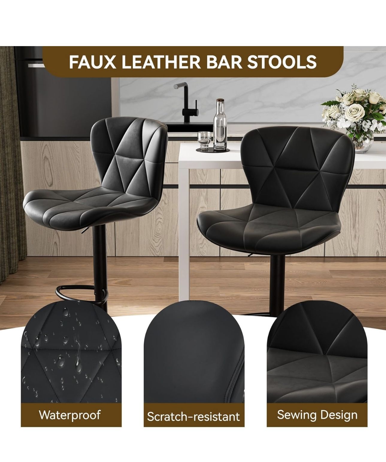 Modern Bar Stools Set of 2, Adjustable Faux Leather Upholstered Swivel Bar Stools, Counter Height Bar Chairs with Back for Kitchen Island, Black