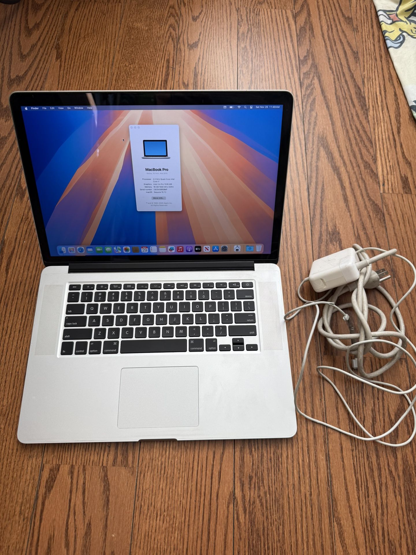 MacBook Pro 15” 2015/16GB RAM/512GB SSD/Macos Sequoia/Fully Functional/Good Battery 