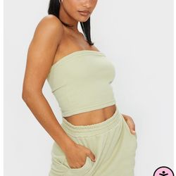 PrettyLittleThing Pale Olive Sweat Bandeau Top & Mini Skirt Set Sz Small