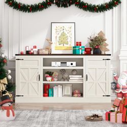 66" Farmhouse TV Stand with Power Outlets for 75 65 Inch TVs, 33" Tall Entertainment Center with Storage Cabinets w/Adjustable Shelves, Rustic Large T